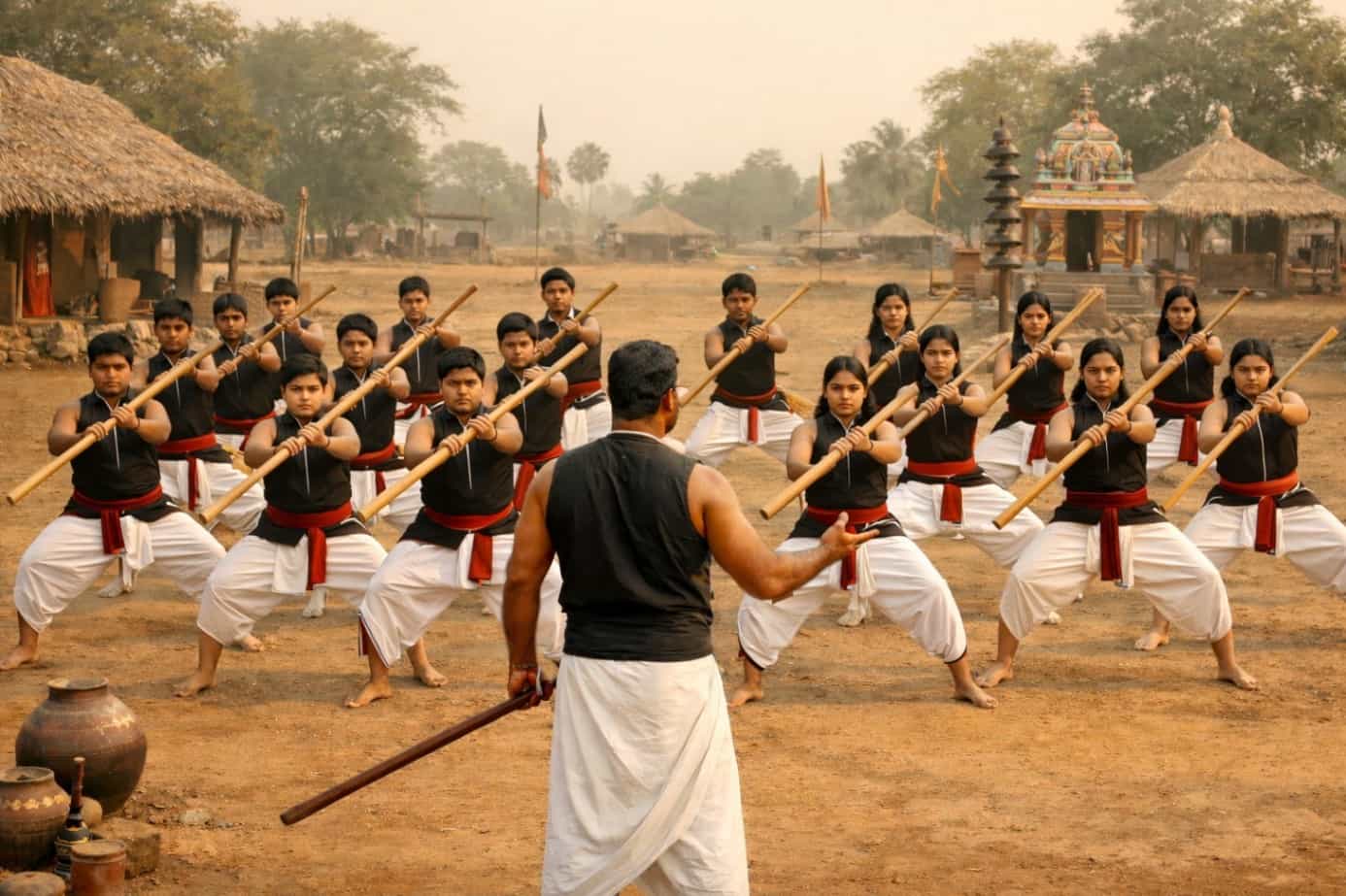 Lemuria artwork of learners practising Silambam together in a traditional courtyard